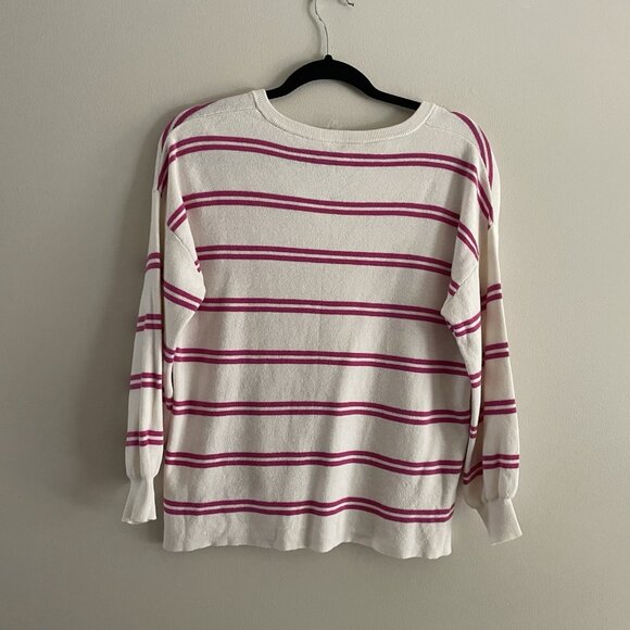 Loft Outlet Women Sz S White/Pink Striped Split V-Neck 3/4 Sleeve Sweater - Picture 9 of 9